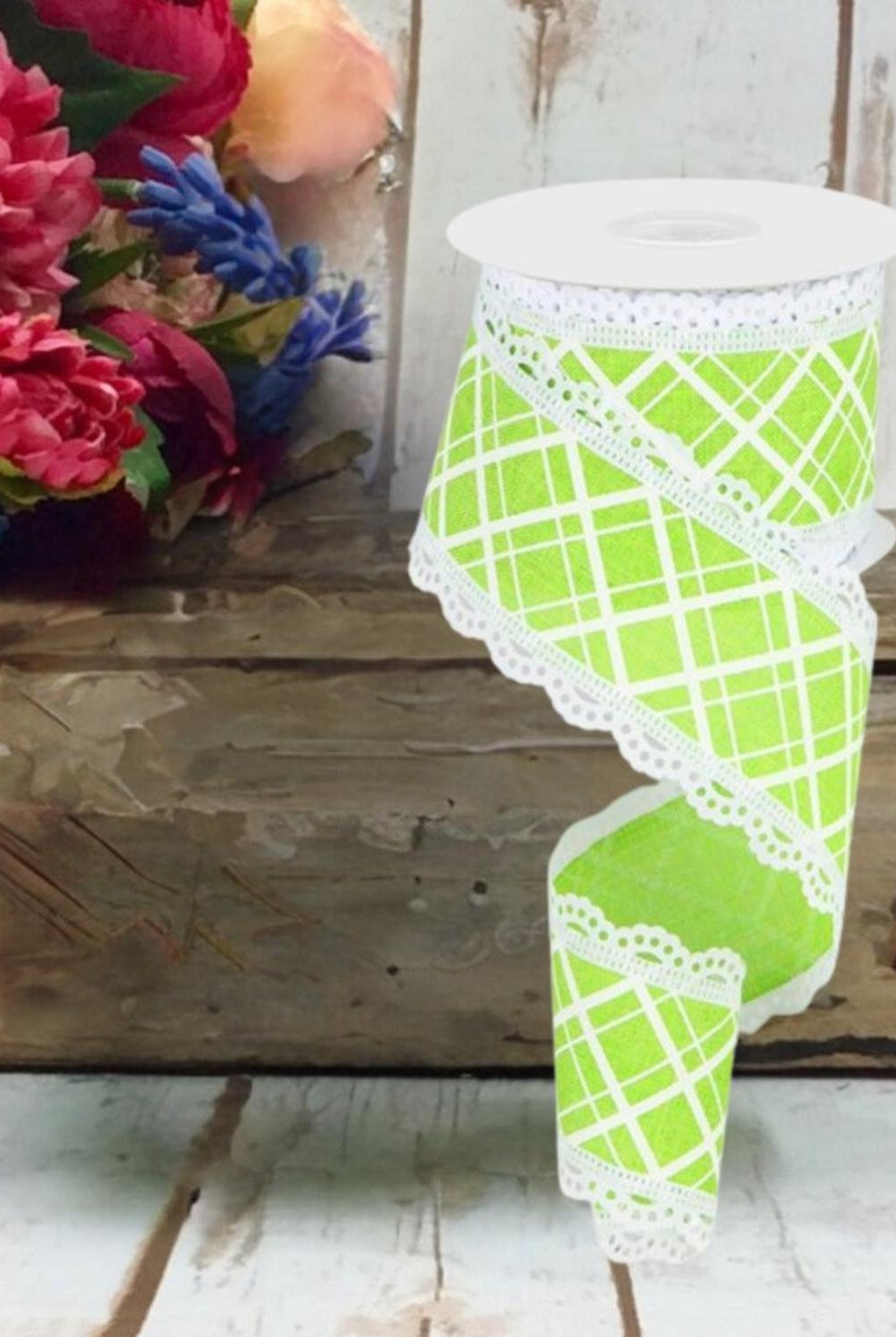 Shop For 2.5" Line Check Lace Ribbon: Lime Green (10 Yard) at Michelle's aDOORable Creations