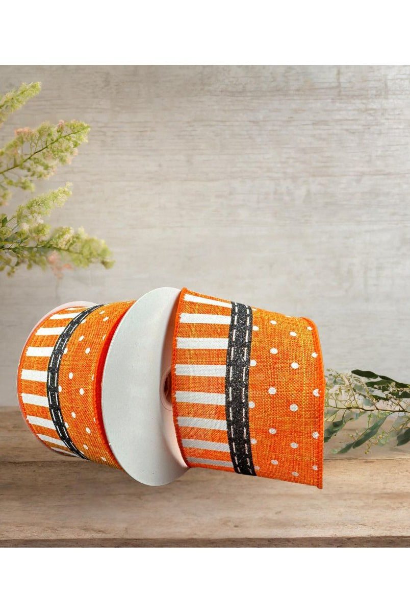 Shop For 2.5" Linen Dots & Stripes Ribbon: Orange, Black, White (10 Yards) at Michelle's aDOORable Creations