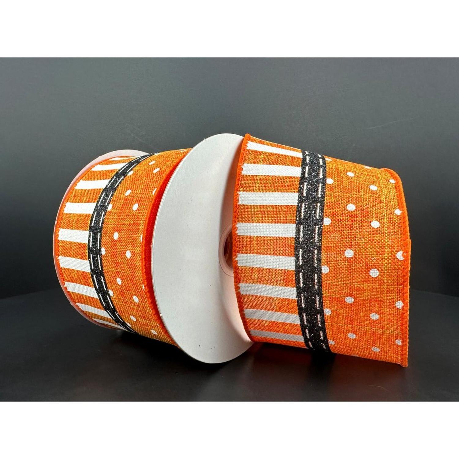 Shop For 2.5" Linen Dots & Stripes Ribbon: Orange, Black, White (10 Yards) at Michelle's aDOORable Creations