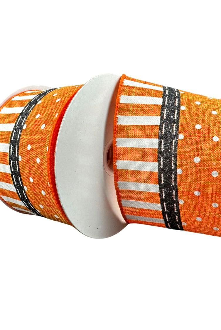 Shop For 2.5" Linen Dots & Stripes Ribbon: Orange, Black, White (10 Yards) at Michelle's aDOORable Creations