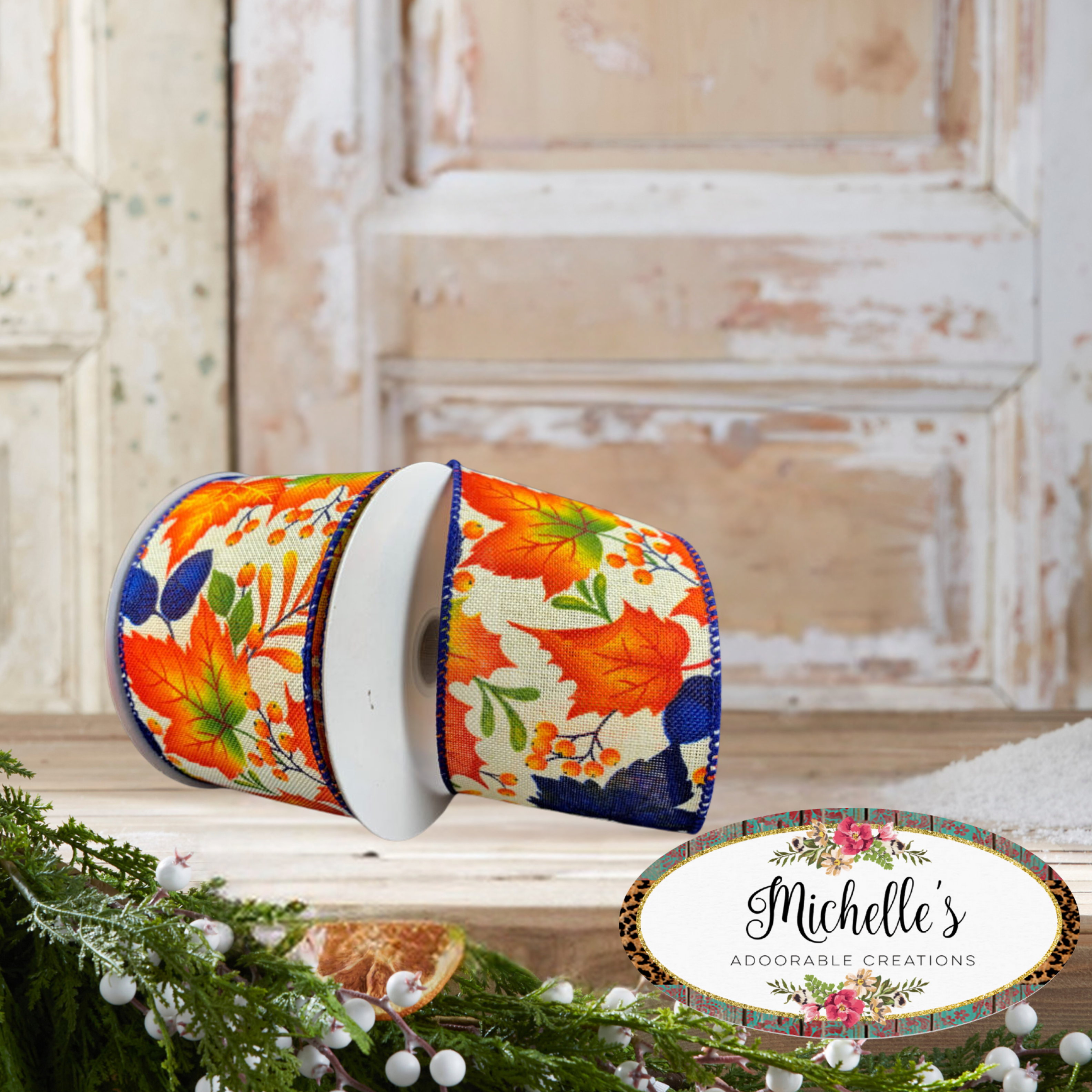 Shop For 2.5" Linen Fall Leaves Ribbon: Navy/Ivory (10 Yards)