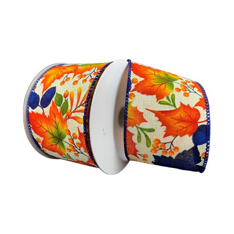 Shop For 2.5" Linen Fall Leaves Ribbon: Navy/Ivory (10 Yards) at Michelle's aDOORable Creations