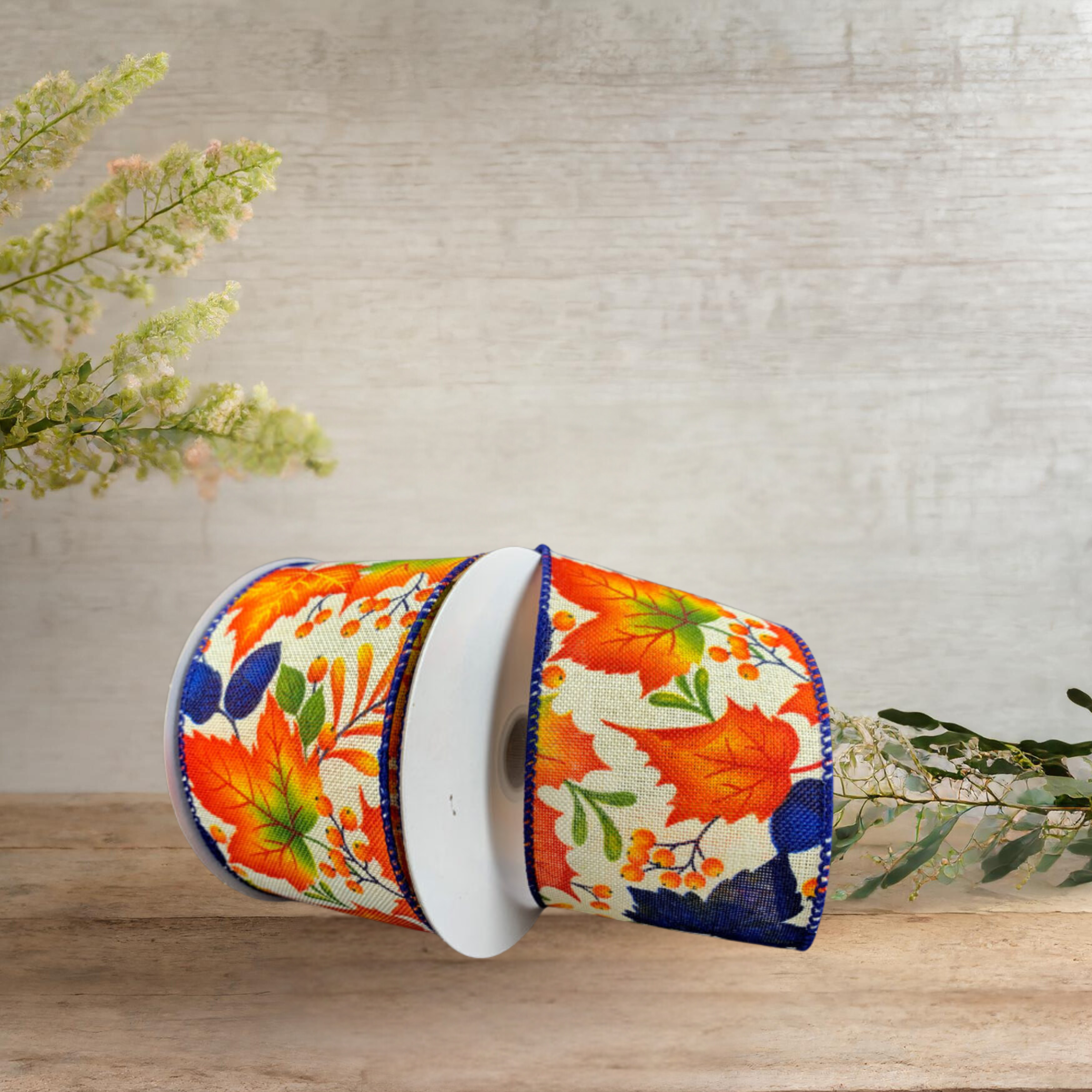 Shop For 2.5" Linen Fall Leaves Ribbon: Navy/Ivory (10 Yards)
