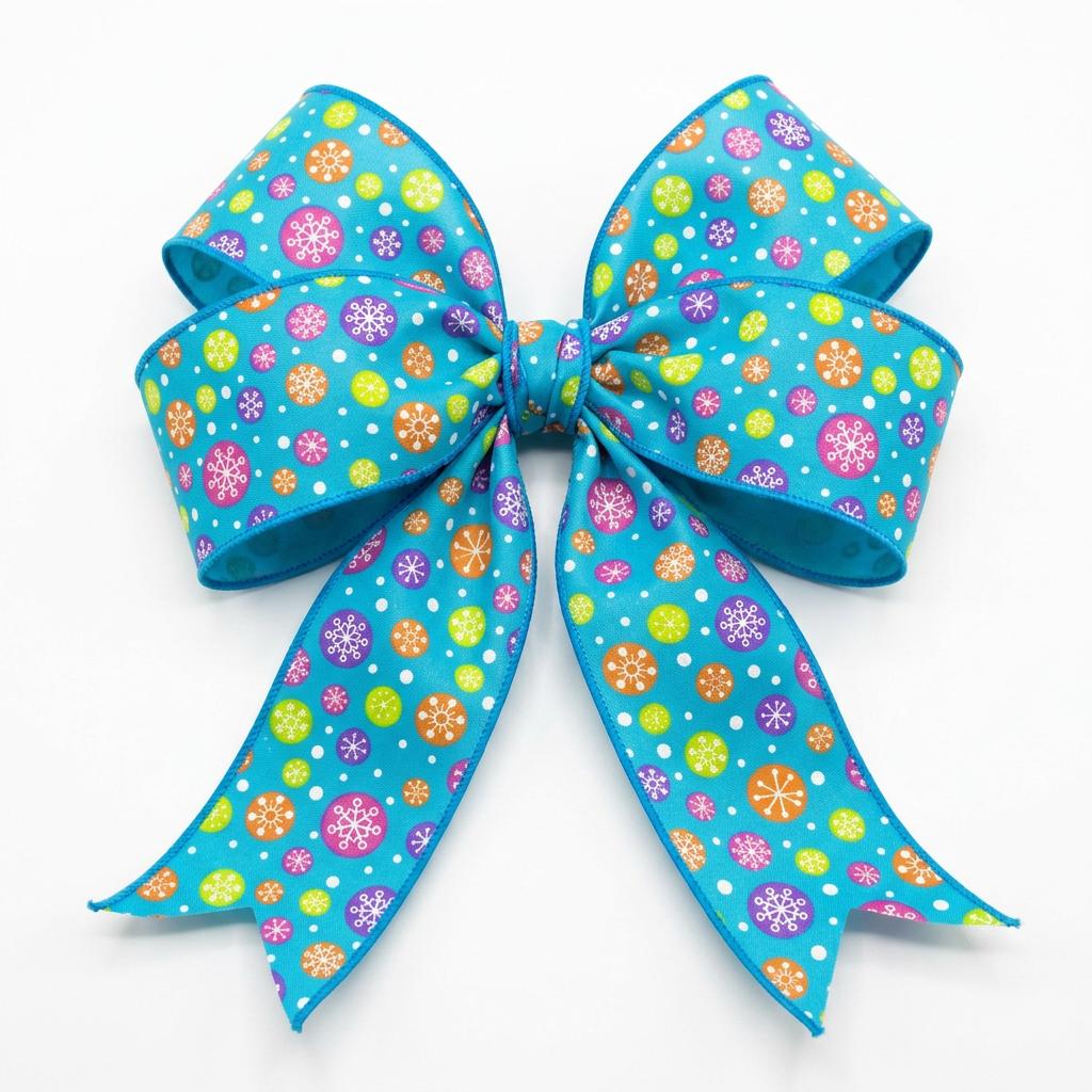 Pre-tied teal snowflake wired ribbon bow showing shape retention
