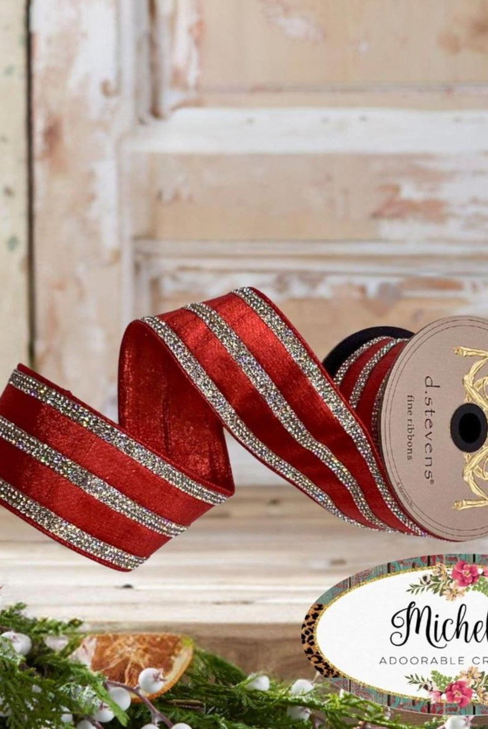 2.5" Metallic Dupion Jewel Stripe Ribbon: Red (5 Yards)