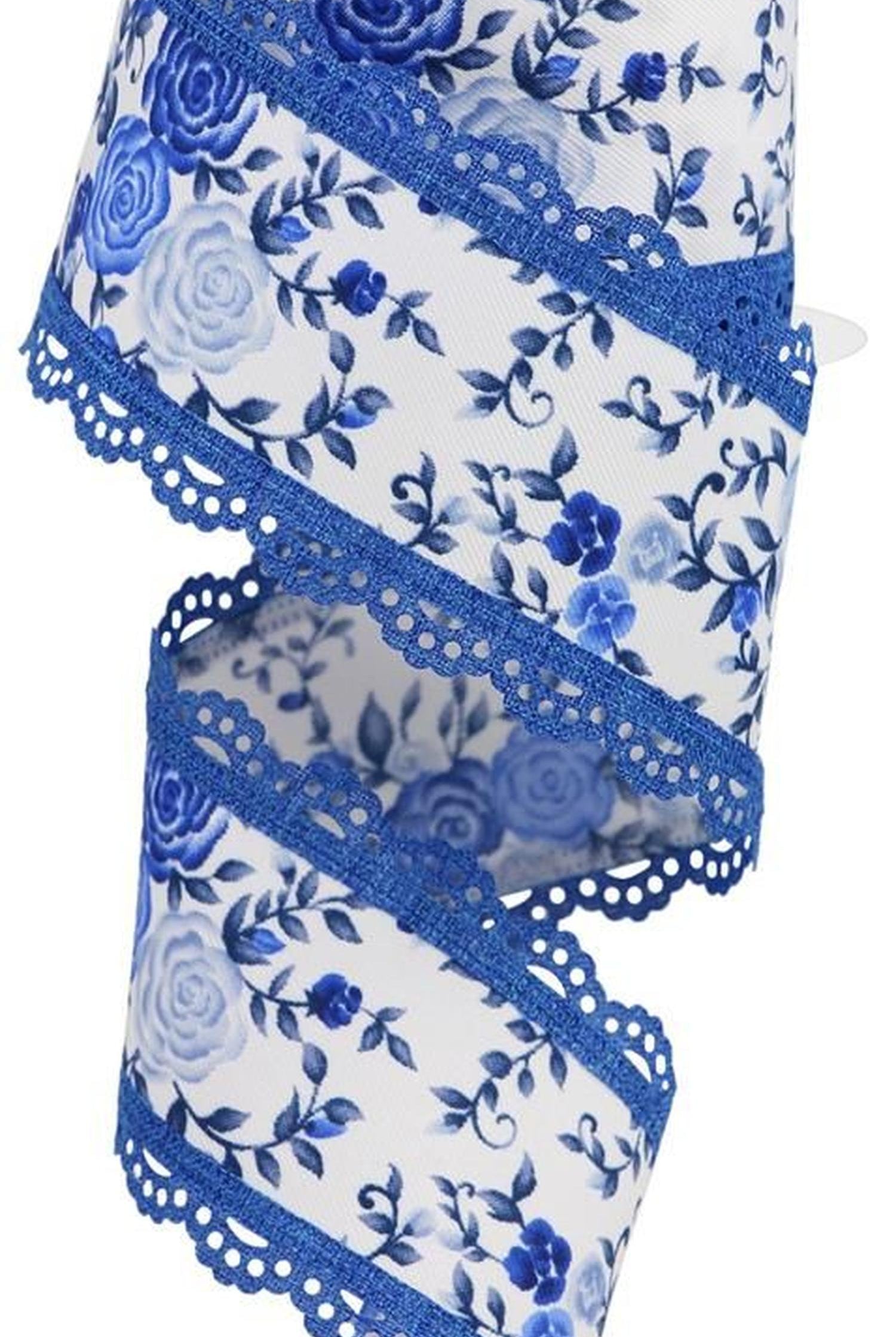 2.5" Mini Roses and Lace Ribbon: Blue (10 Yards)