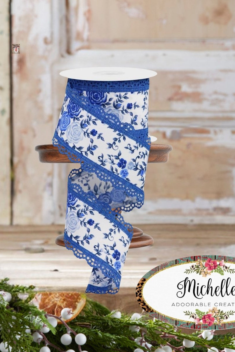Shop For 2.5" Mini Roses and Lace Ribbon: Blue (10 Yards)