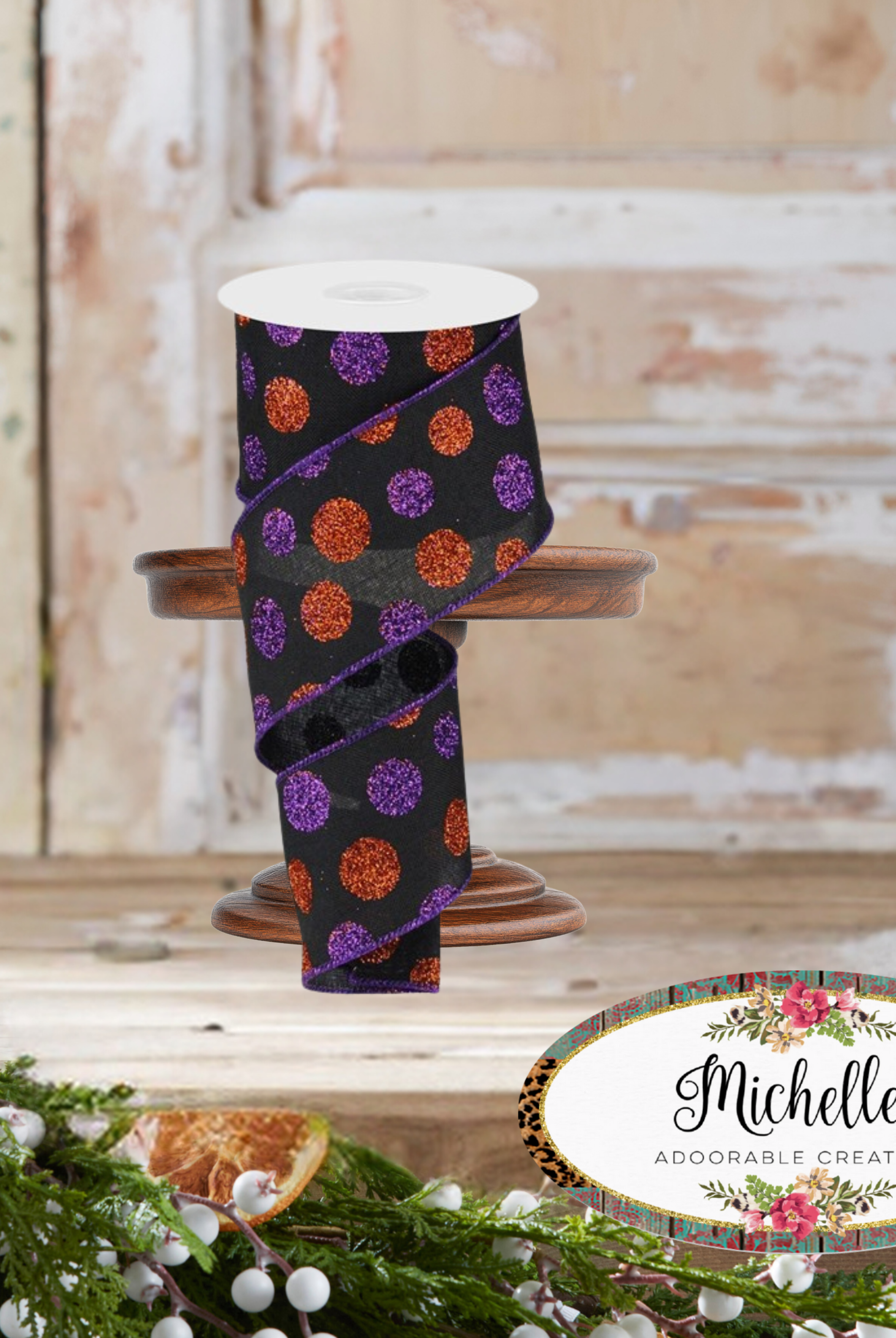 Shop For 2.5" Multi Glitter Dots: Black, Purple and Orange (10 Yards)