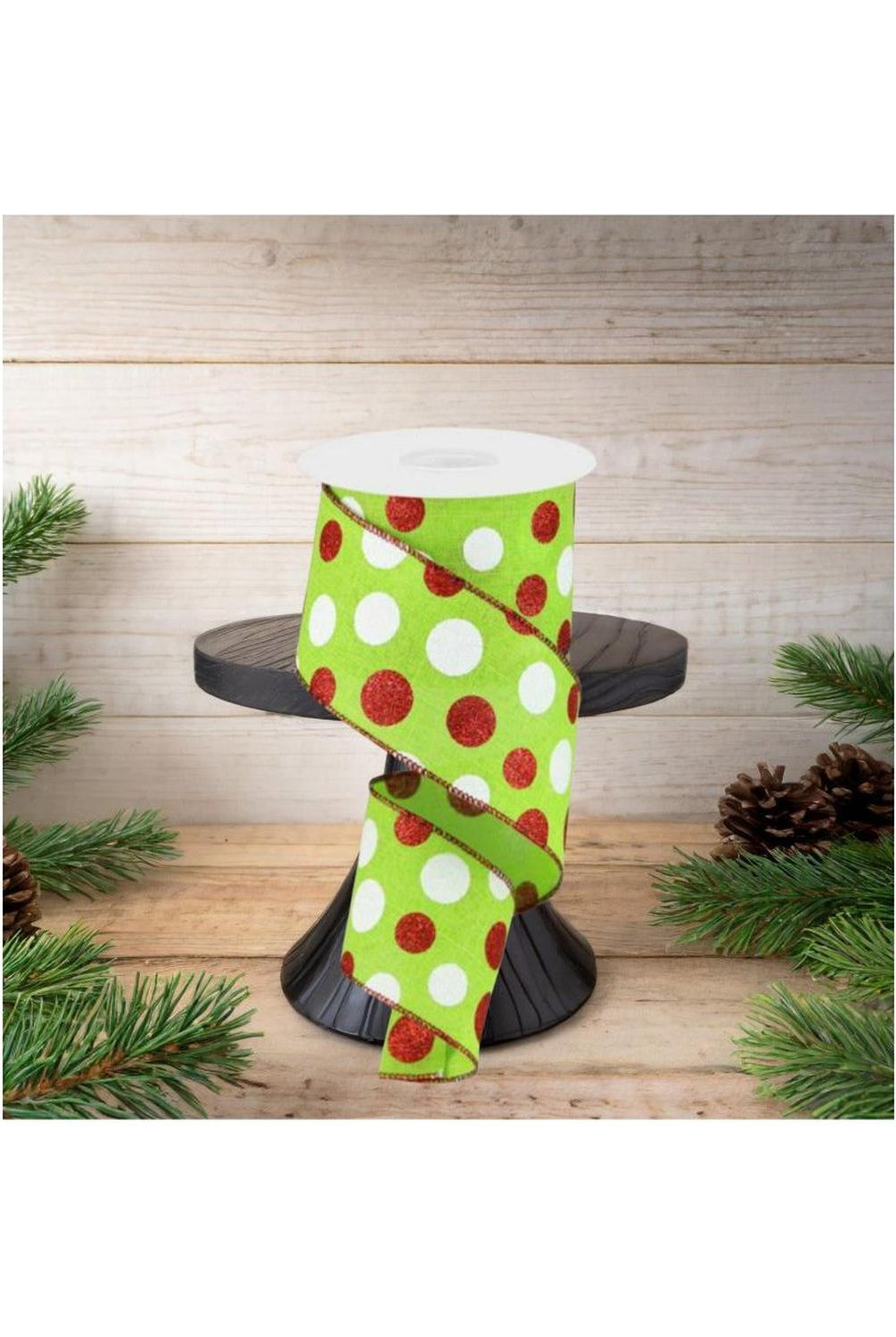 2.5" Multi Glitter Dots Ribbon: Lime Green, Red, White (10 Yards)