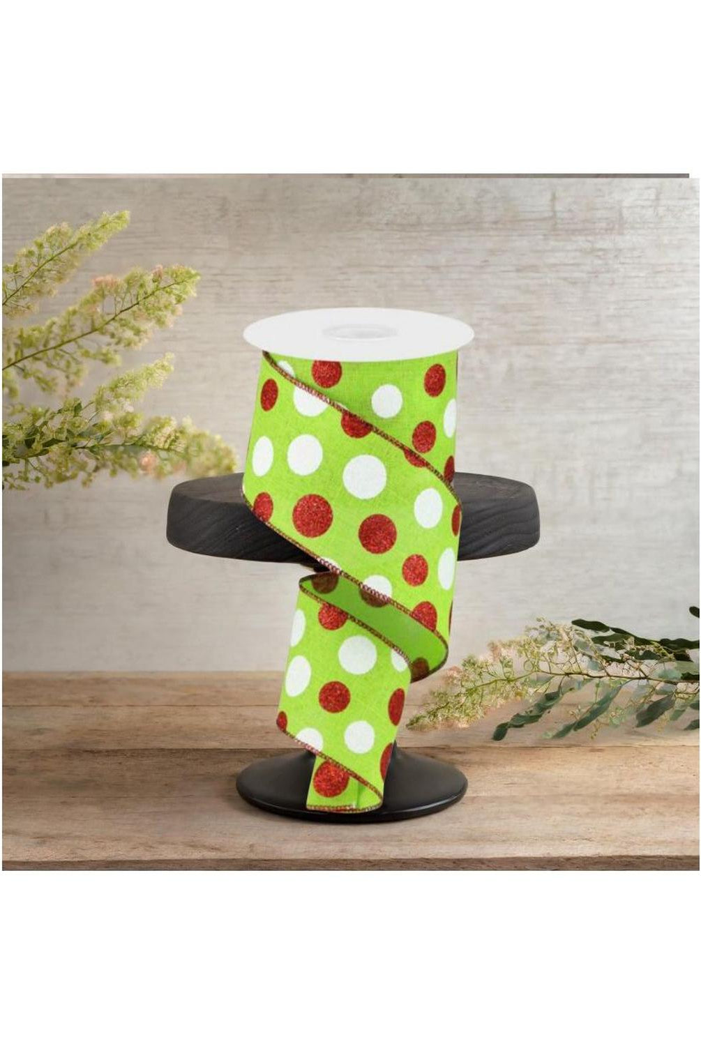 2.5" Multi Glitter Dots Ribbon: Lime Green, Red, White (10 Yards)