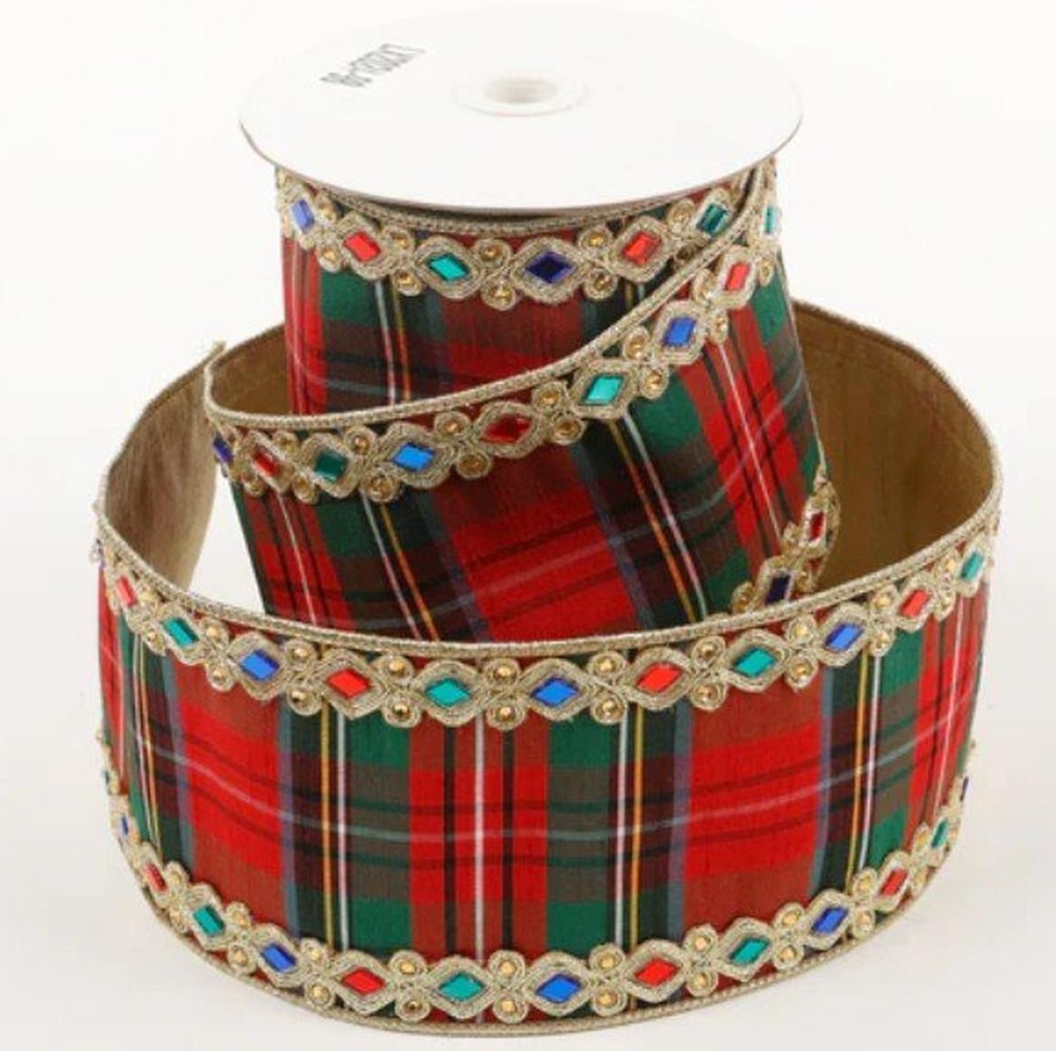 2.5" Multi Plaid Jewel Gold Trim Ribbon (5 Yards)