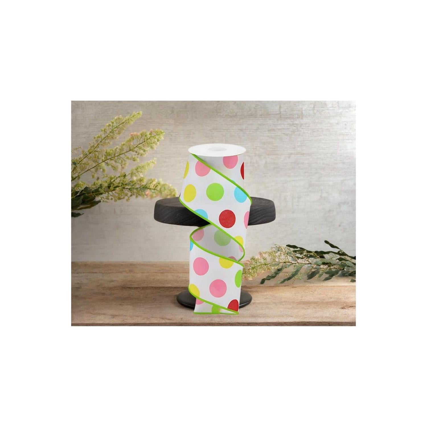 Shop For 2.5" Multi Polka Dots on Royal Ribbon: White/Green (10 Yards)