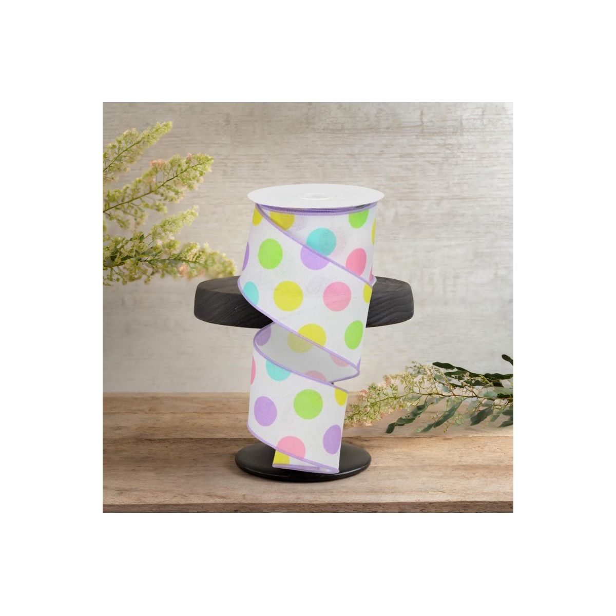 Shop For 2.5" Multi Polka Dots on Royal Ribbon: White/Lavender (10 Yards)