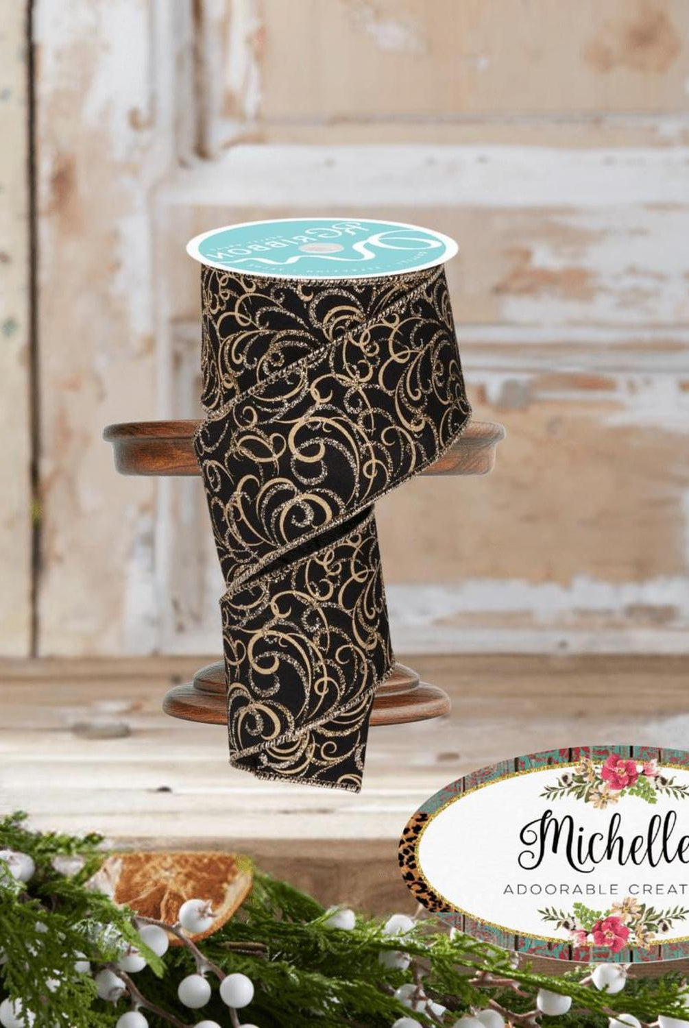 Shop For 2.5" Multi Swirls Glitter Ribbon: Black/Gold (10 Yard)