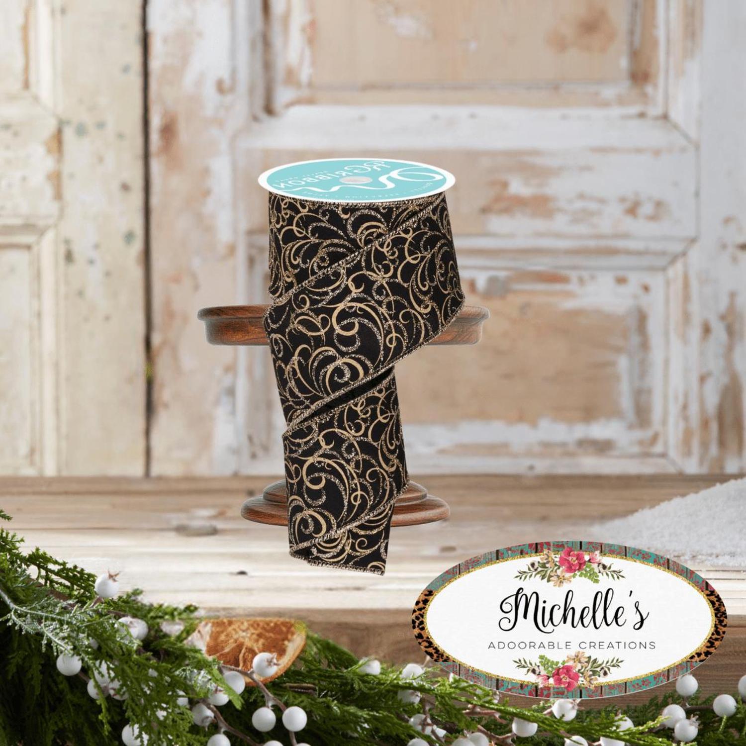 2.5" Multi Swirls Glitter Ribbon: Black/Gold (10 Yard)