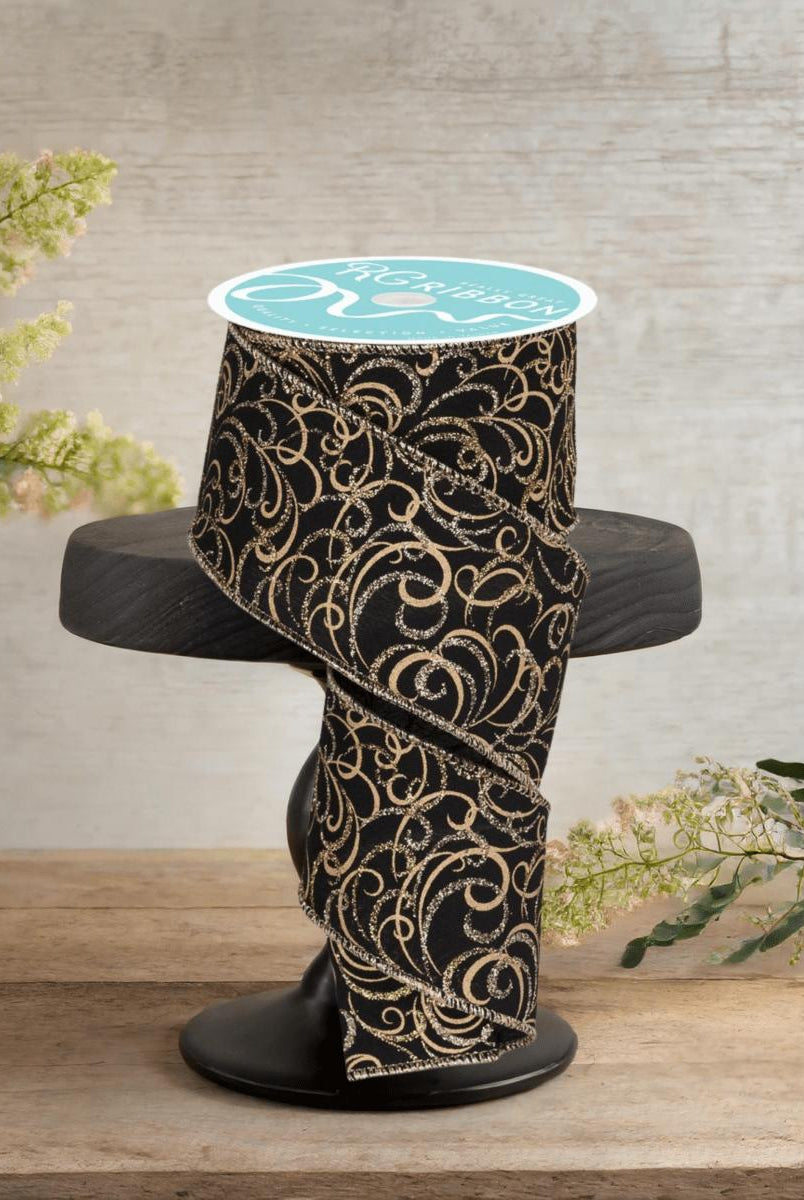 Shop For 2.5" Multi Swirls Glitter Ribbon: Black/Gold (10 Yard)