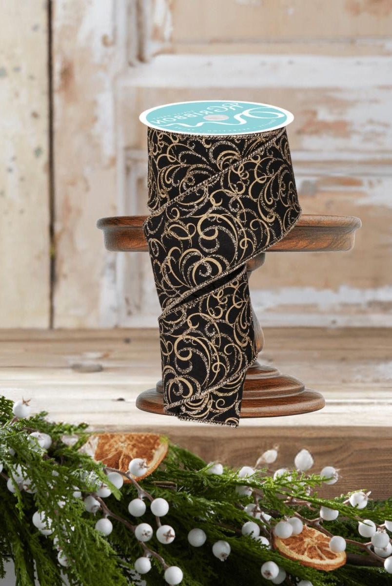 Shop For 2.5" Multi Swirls Glitter Ribbon: Black/Gold (10 Yard)