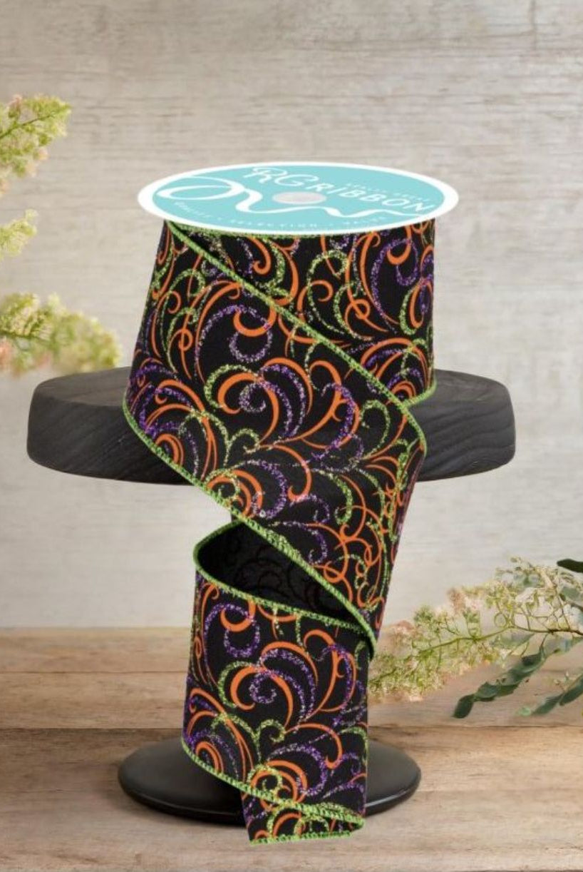 Shop For 2.5" Multi Swirls Glitter Ribbon: Black/Orange/Purple/Lime (10 Yard)