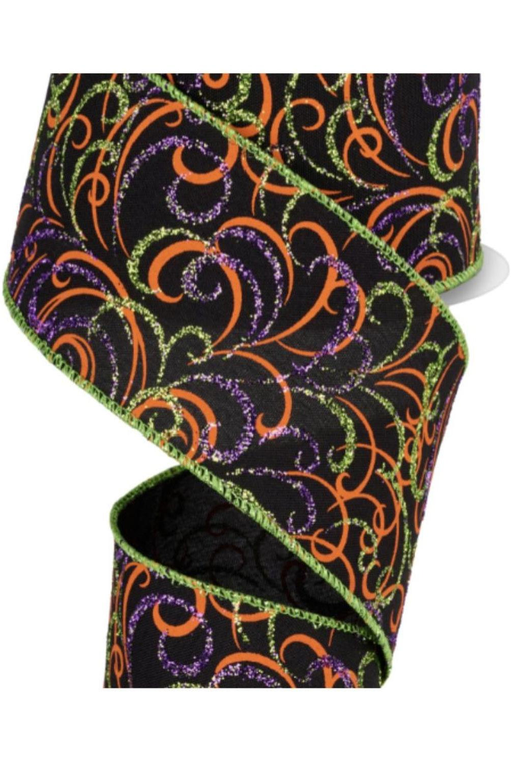 2.5" Multi Swirls Glitter Ribbon: Black/Orange/Purple/Lime (10 Yard)