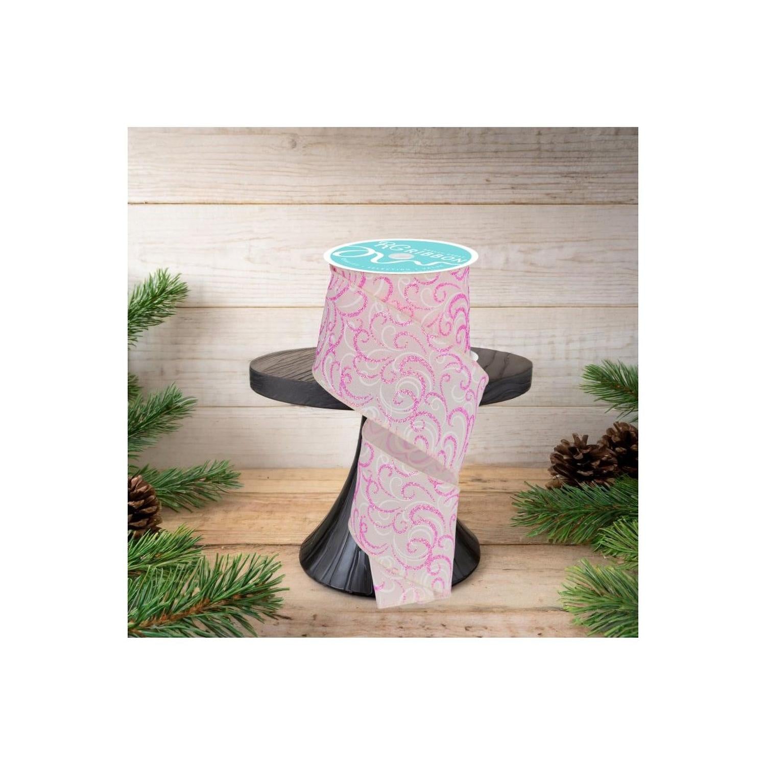 2.5" Multi Swirls Glitter Ribbon: Cream/Pink/White (10 Yard)