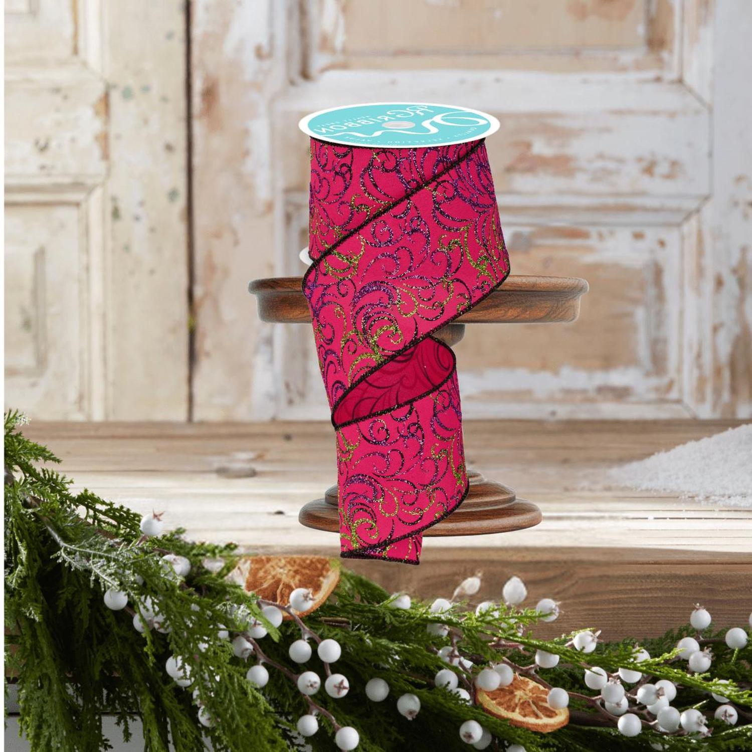 Shop For 2.5" Multi Swirls Glitter Ribbon: Hot Pink/Lime/Black (10 Yard)