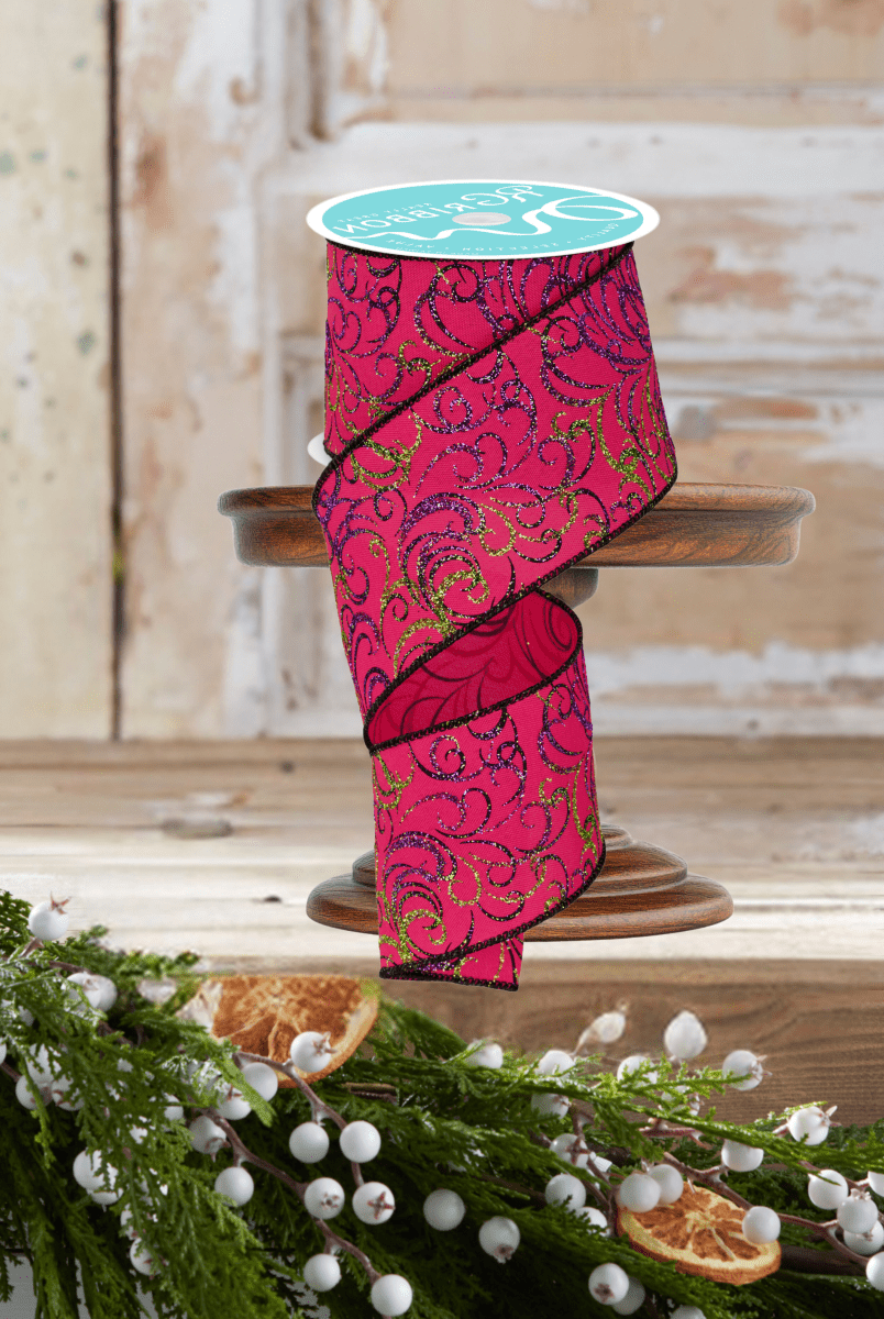Shop For 2.5" Multi Swirls Glitter Ribbon: Hot Pink/Lime/Black (10 Yard)