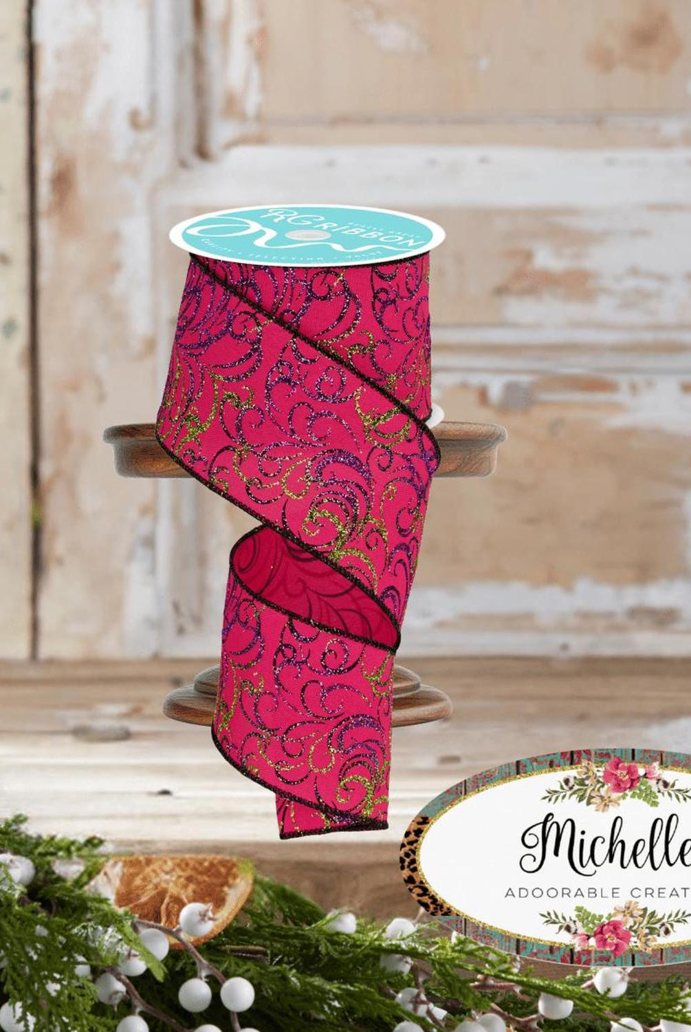 2.5" Multi Swirls Glitter Ribbon: Hot Pink/Lime/Black (10 Yard)