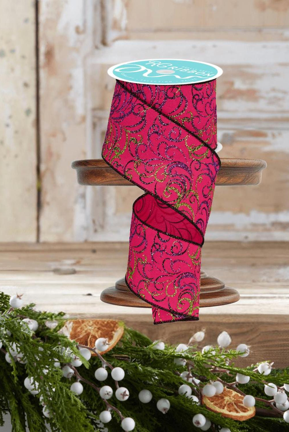 2.5" Multi Swirls Glitter Ribbon: Hot Pink/Lime/Black (10 Yard)