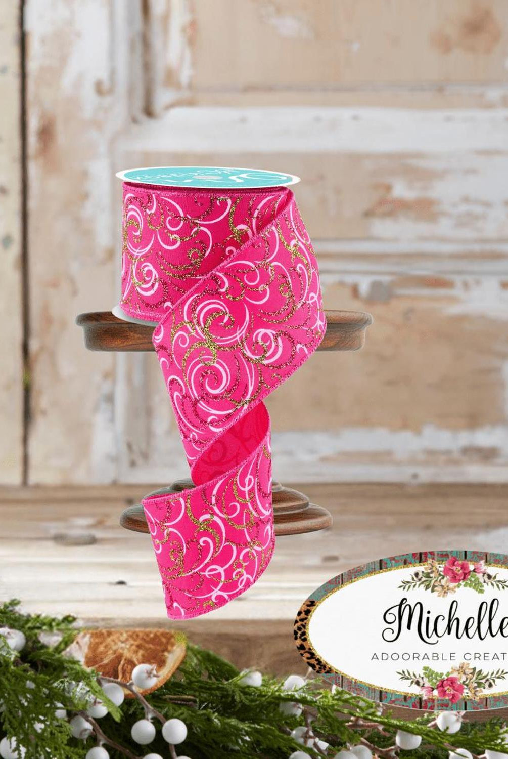 2.5" Multi Swirls Glitter Ribbon: Hot Pink/Lime/White (10 Yard)