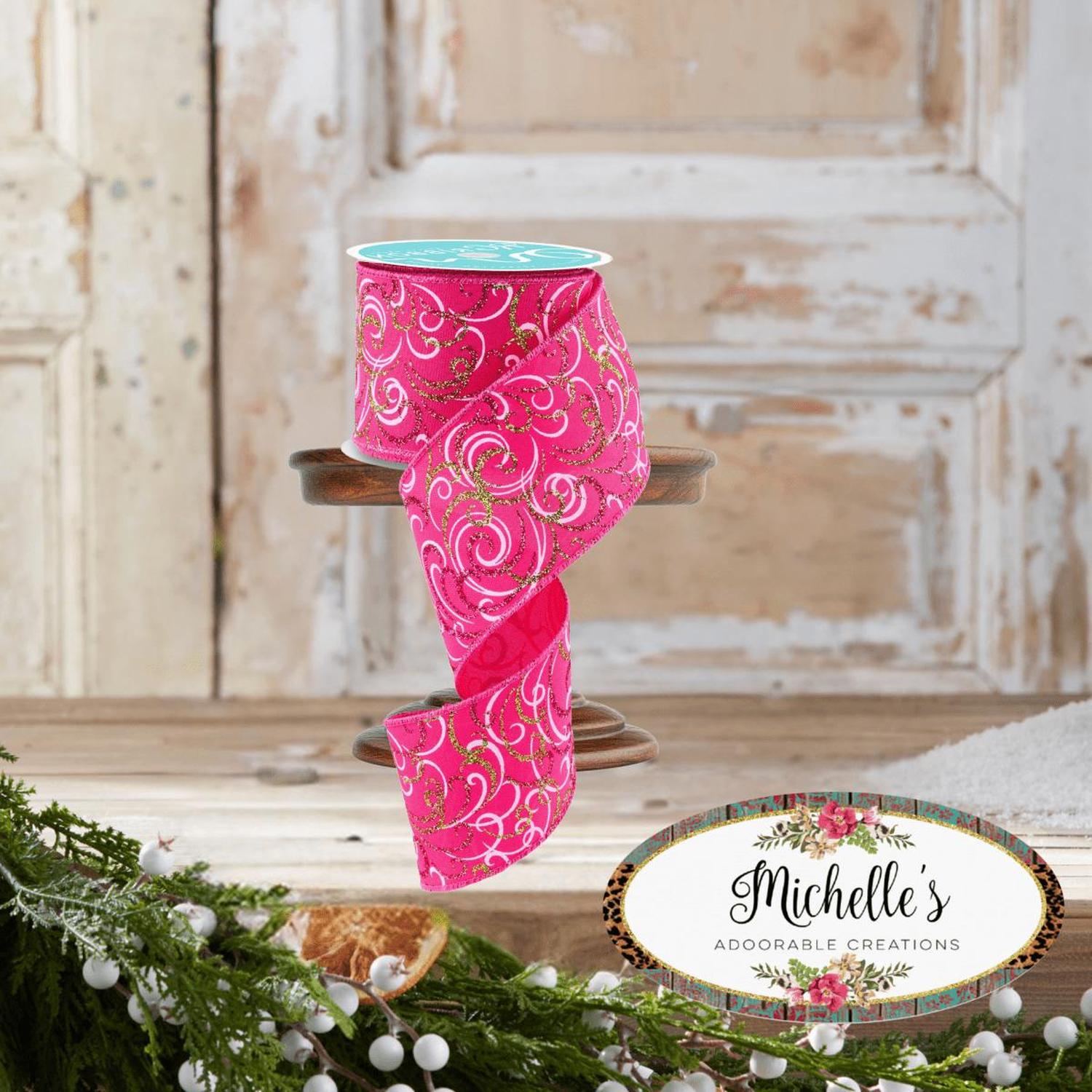 2.5" Multi Swirls Glitter Ribbon: Hot Pink/Lime/White (10 Yard)