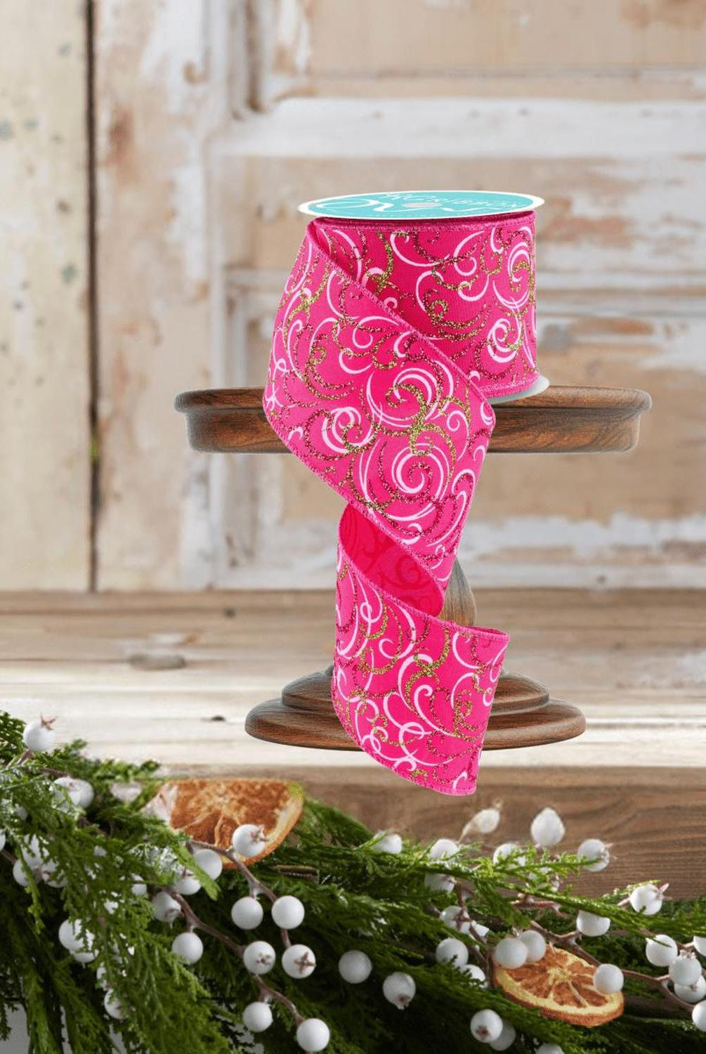 2.5" Multi Swirls Glitter Ribbon: Hot Pink/Lime/White (10 Yard)