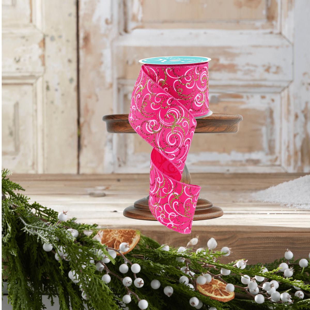 Shop For 2.5" Multi Swirls Glitter Ribbon: Hot Pink/Lime/White (10 Yard)