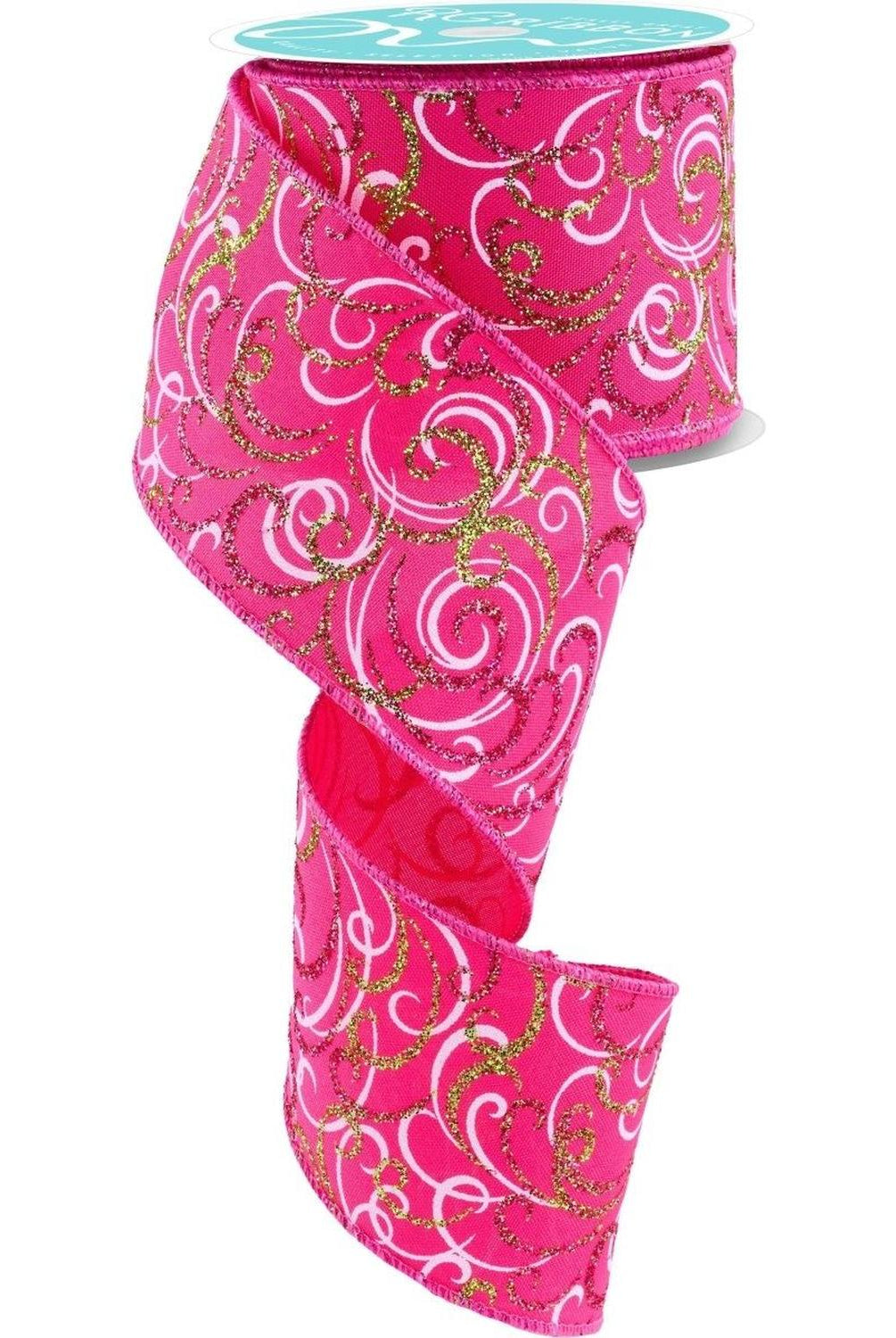 2.5" Multi Swirls Glitter Ribbon: Hot Pink/Lime/White (10 Yard)