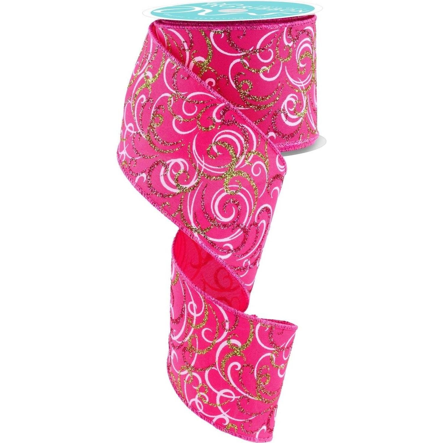 2.5" Multi Swirls Glitter Ribbon: Hot Pink/Lime/White (10 Yard)