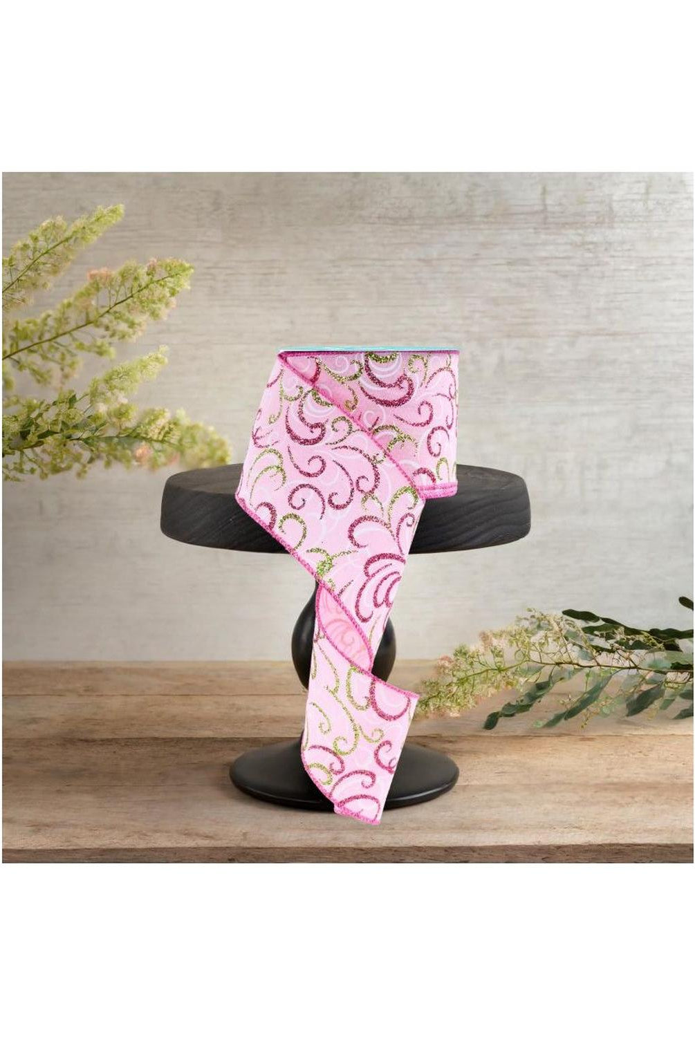 2.5" Multi Swirls Glitter Ribbon: Light Pink/Lime/White (10 Yard)