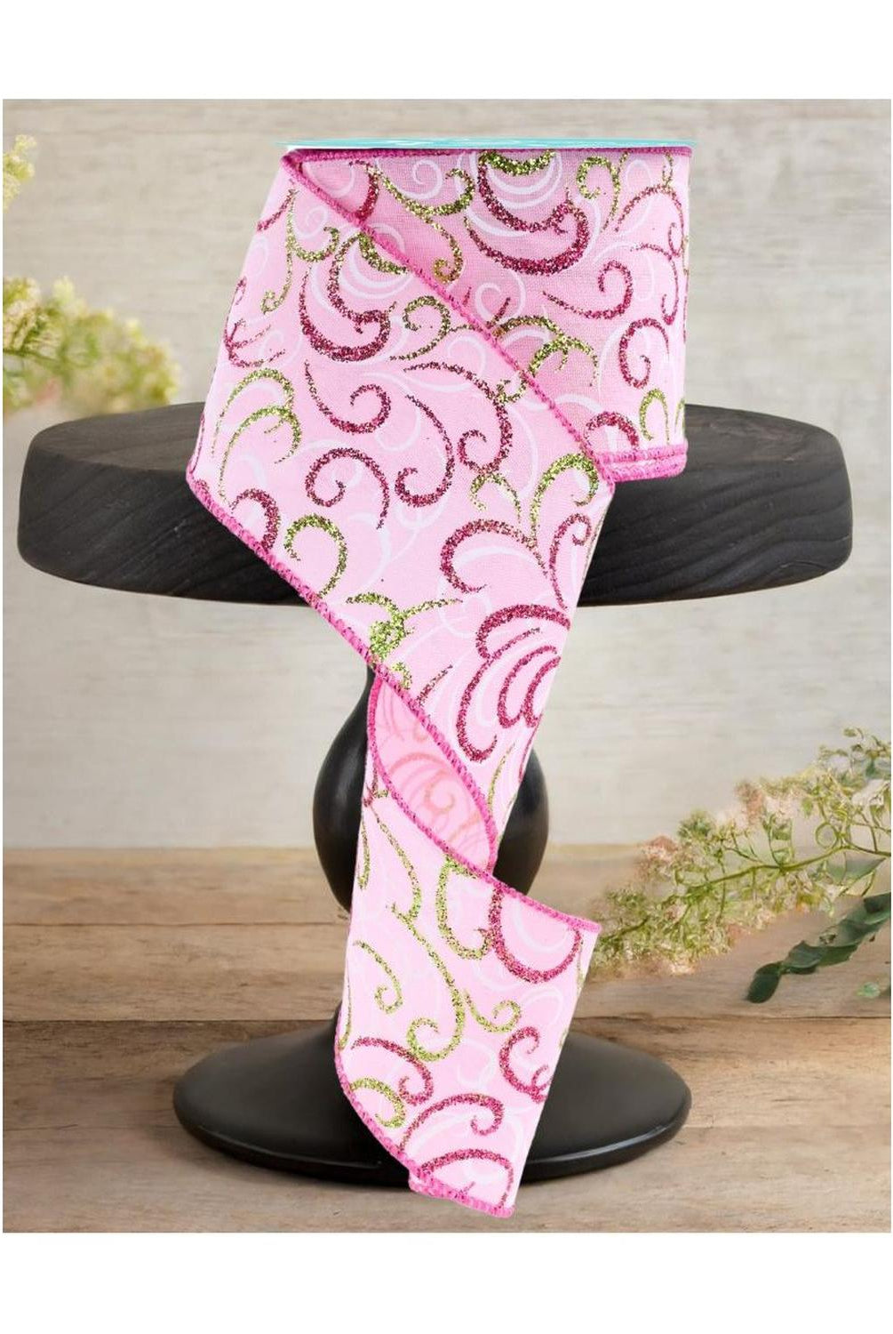 2.5" Multi Swirls Glitter Ribbon: Light Pink/Lime/White (10 Yard)