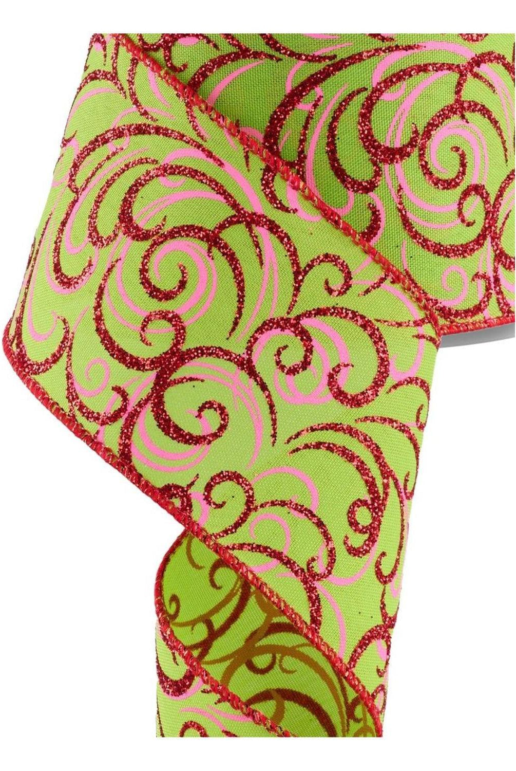 2.5" Multi Swirls Glitter Ribbon: Lime Green/Pink/Red (10 Yard)