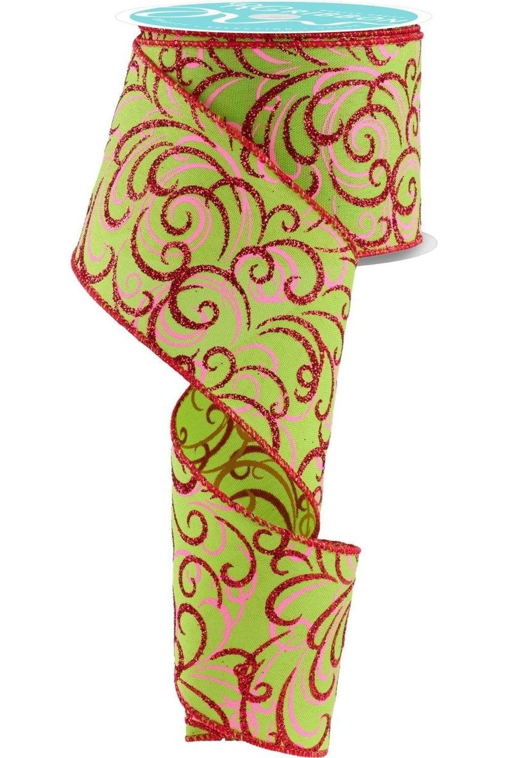 2.5" Multi Swirls Glitter Ribbon: Lime Green/Pink/Red (10 Yard)