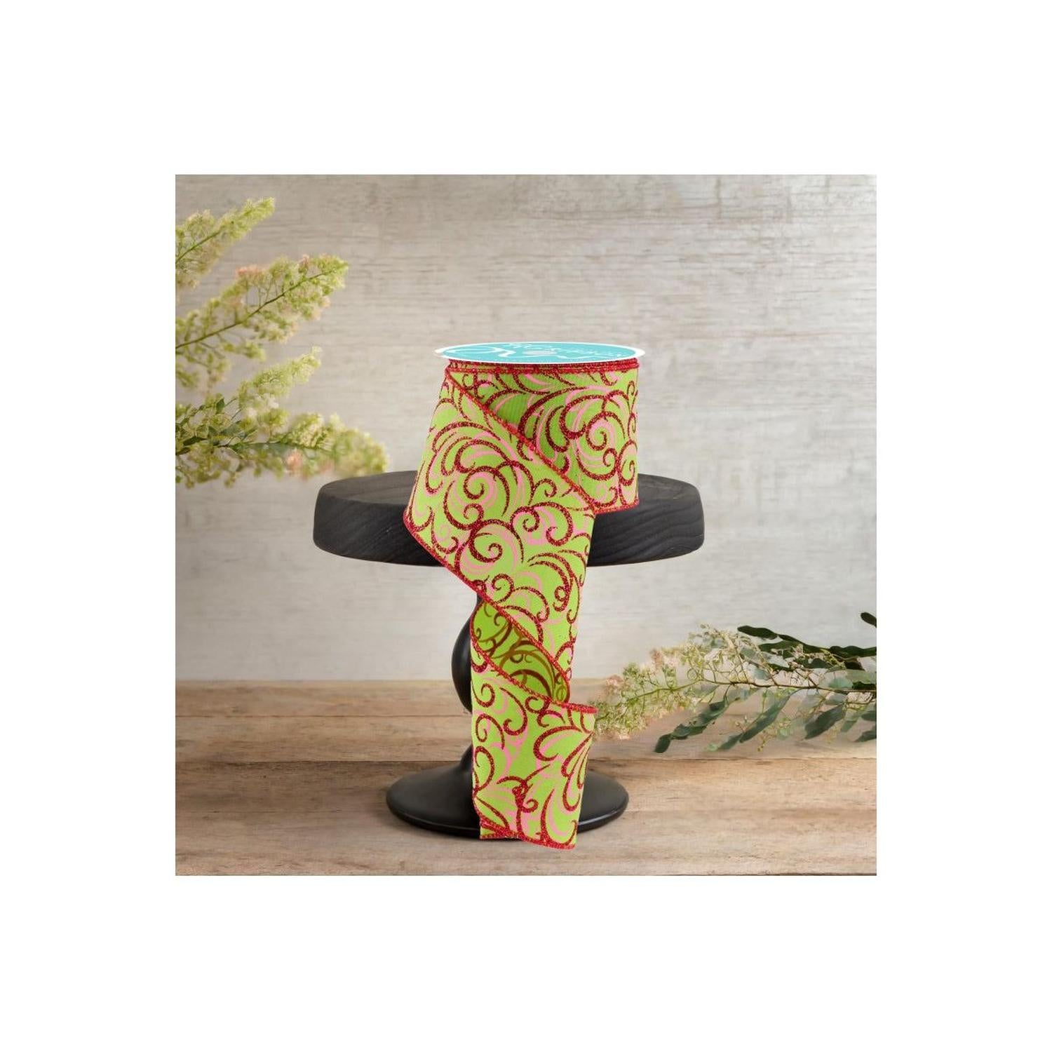 2.5" Multi Swirls Glitter Ribbon: Lime Green/Pink/Red (10 Yard)
