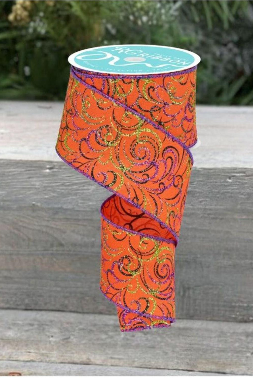 2.5" Multi Swirls Glitter Ribbon: Orange/Black/Purple (10 Yard)
