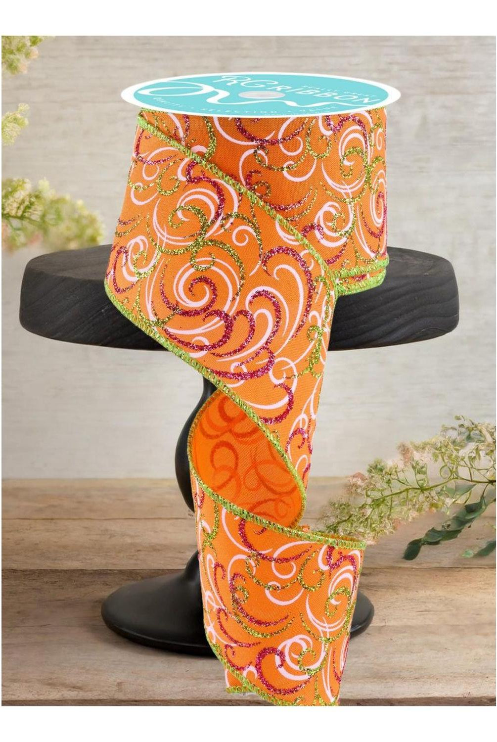 2.5" Multi Swirls Glitter Ribbon: Orange/Pink/Lime (10 Yard)