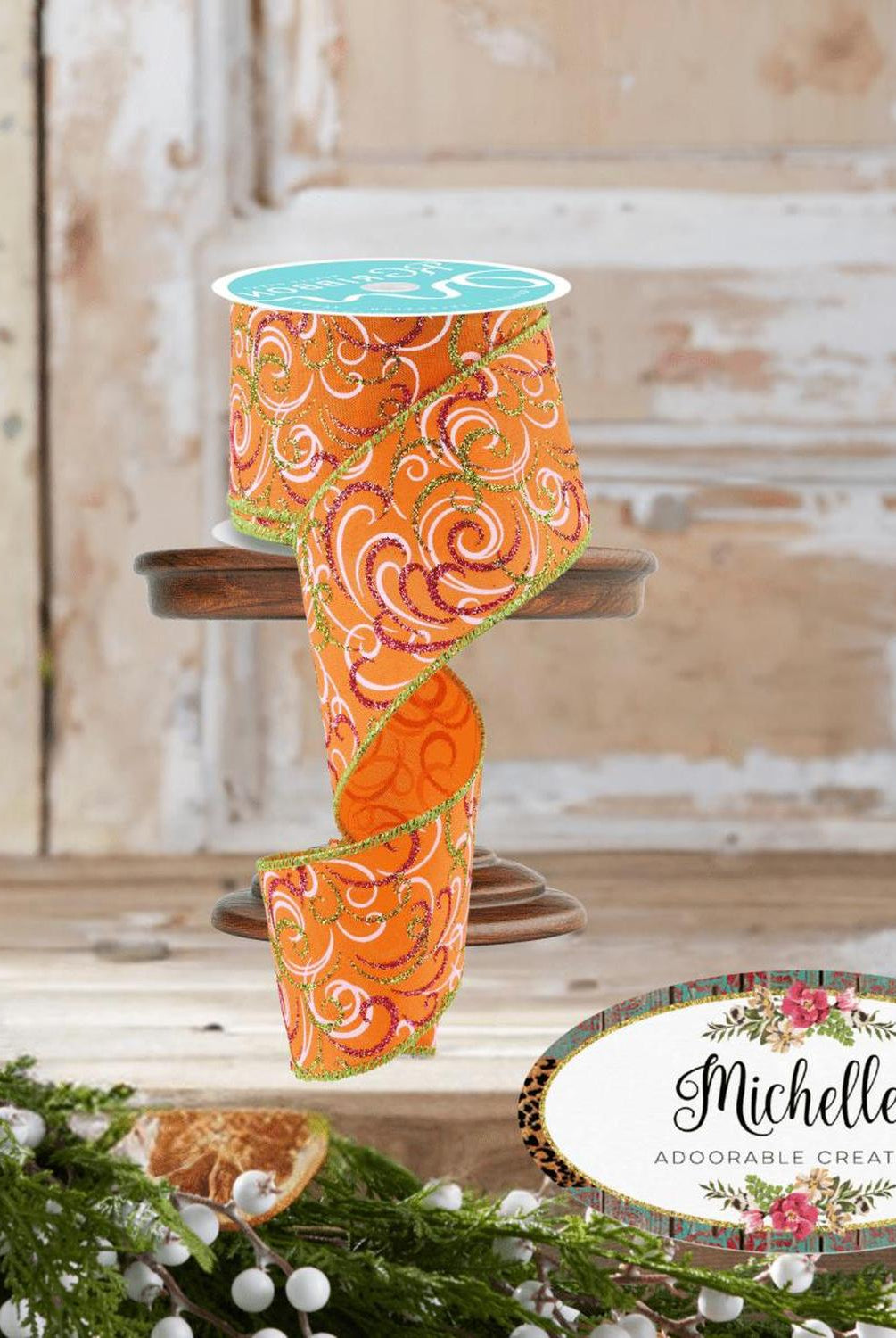 2.5" Multi Swirls Glitter Ribbon: Orange/Pink/Lime (10 Yard)