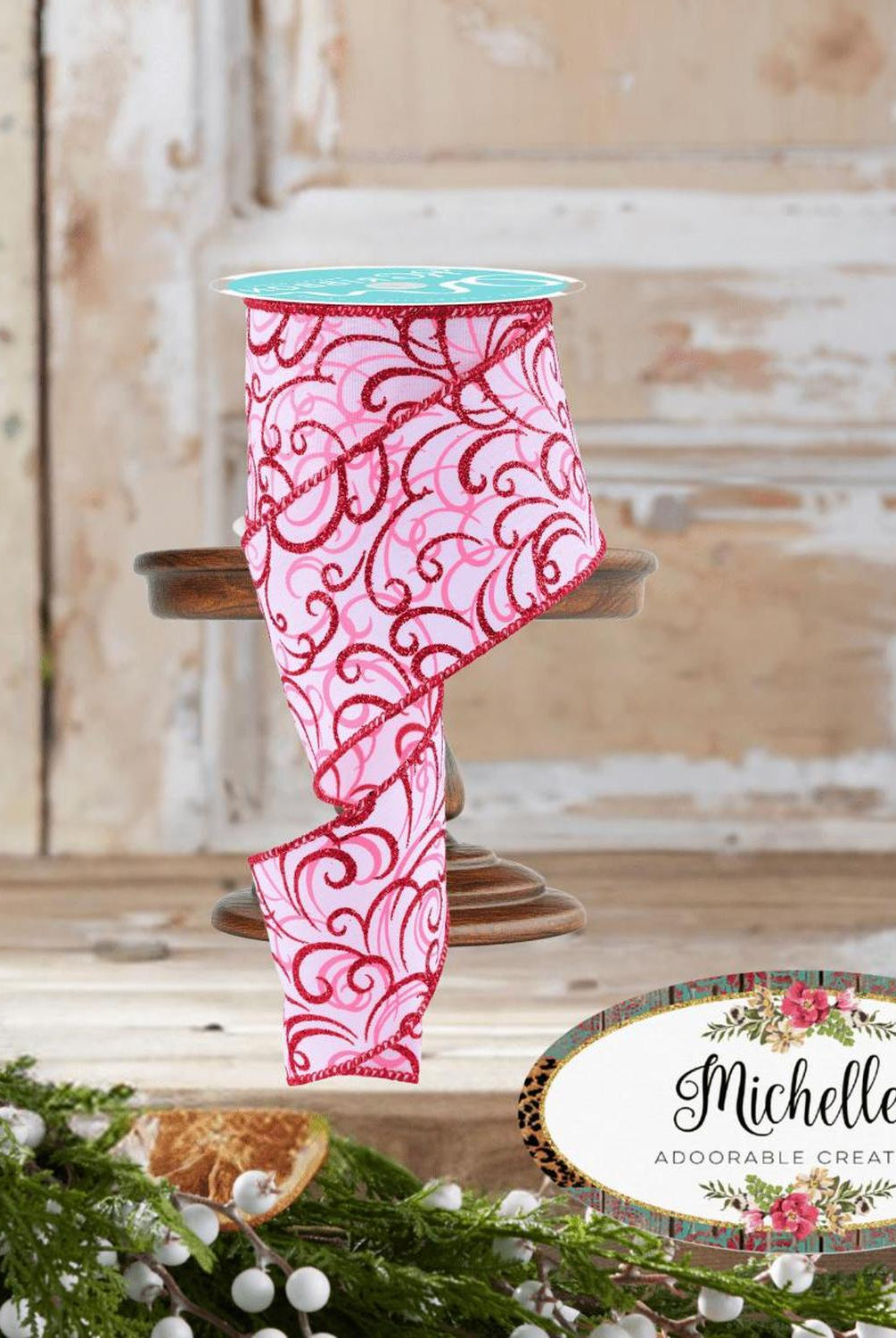 2.5" Multi Swirls Glitter Ribbon: White/Pink/Red (10 Yard)