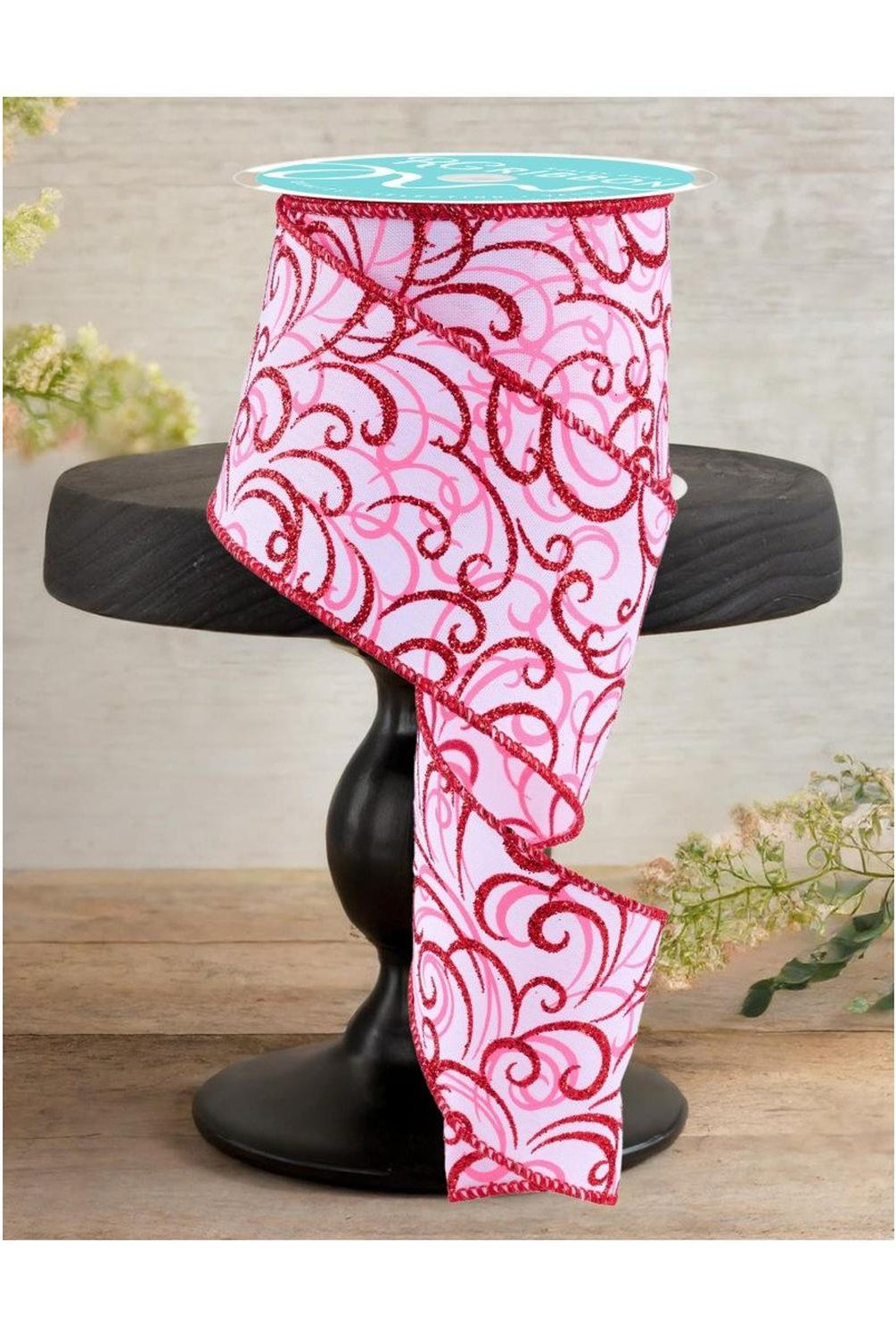 2.5" Multi Swirls Glitter Ribbon: White/Pink/Red (10 Yard)