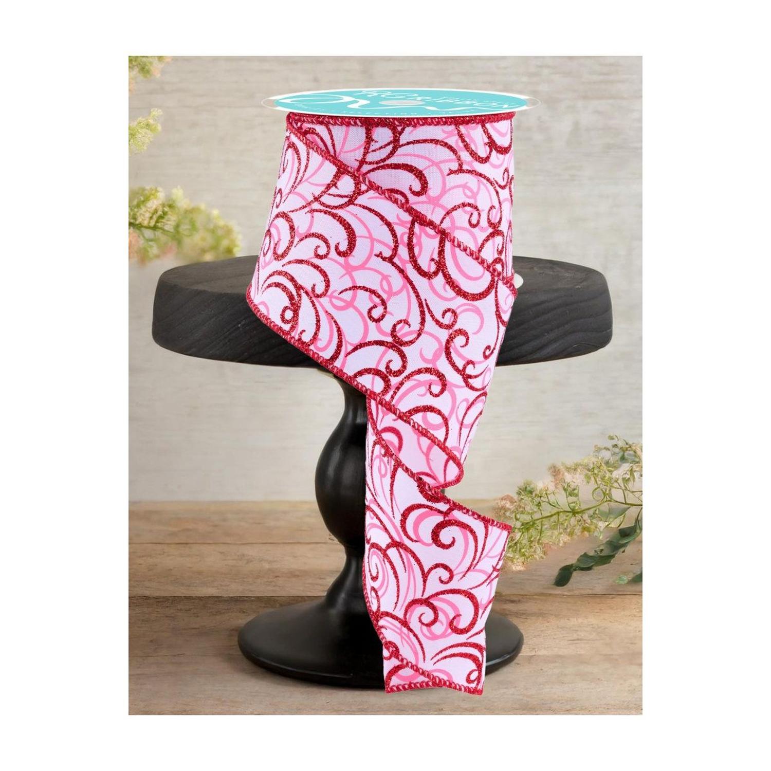 2.5" Multi Swirls Glitter Ribbon: White/Pink/Red (10 Yard)