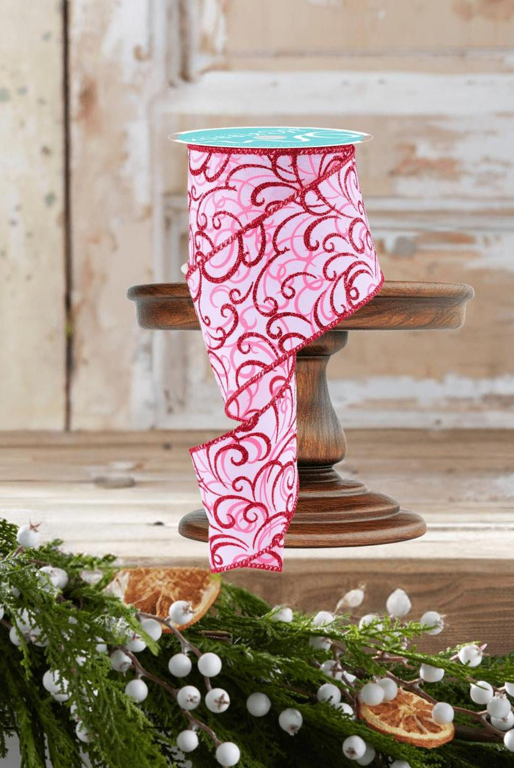 2.5" Multi Swirls Glitter Ribbon: White/Pink/Red (10 Yard)