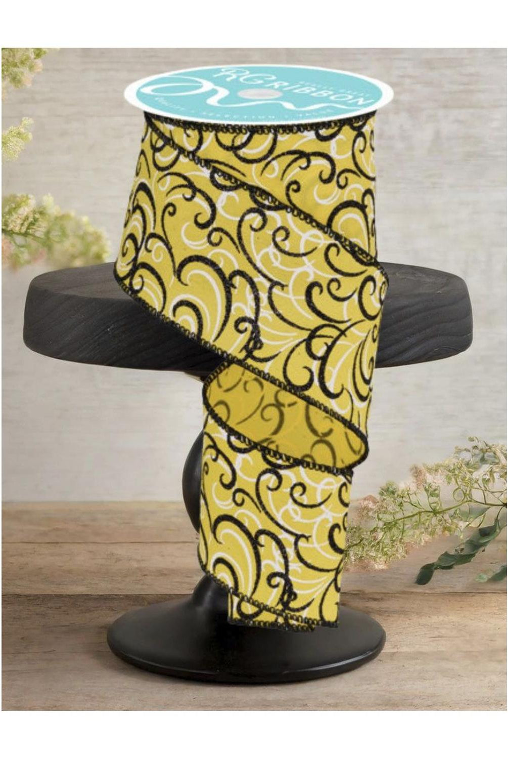 2.5" Multi Swirls Glitter Ribbon: Yellow/Black (10 Yard)