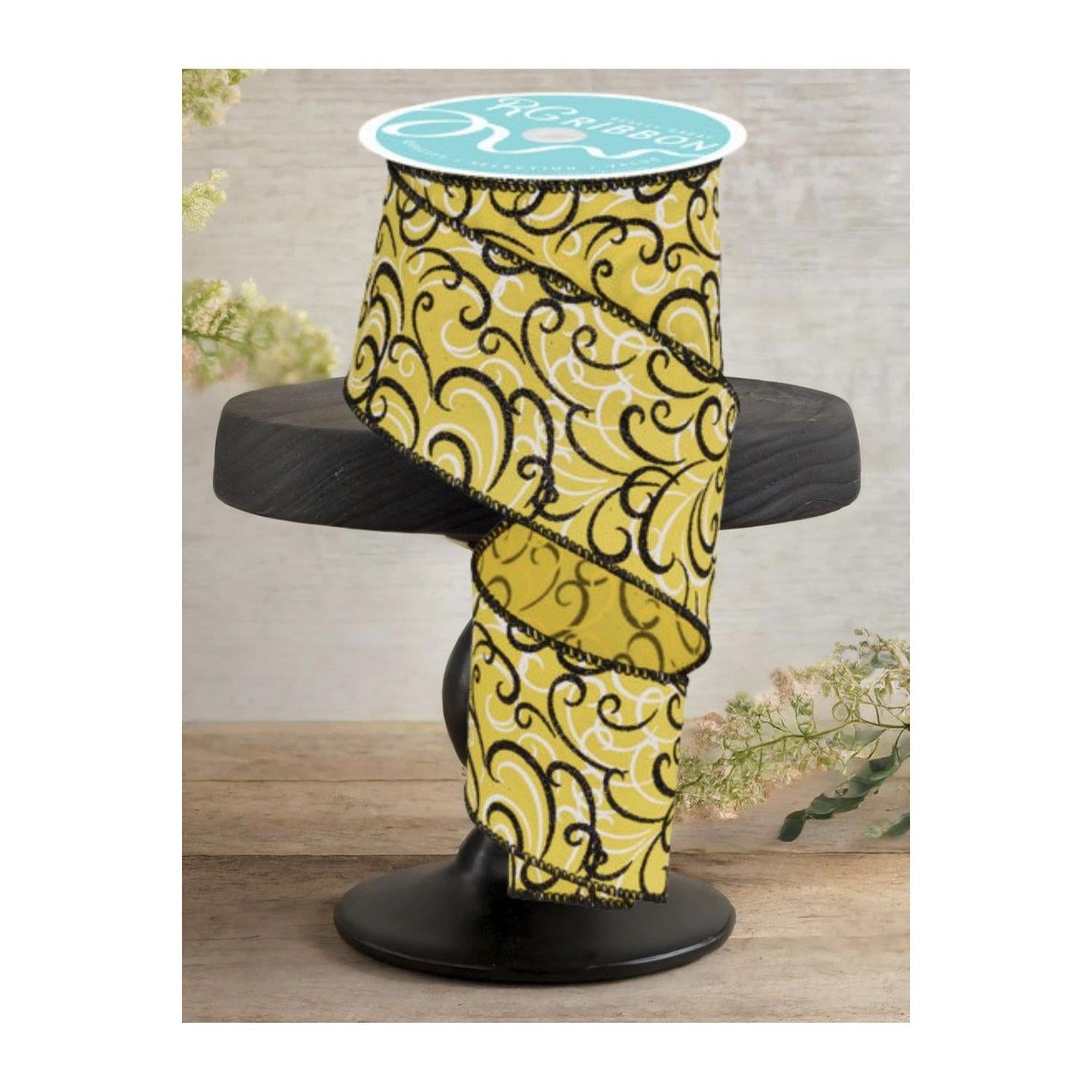 2.5" Multi Swirls Glitter Ribbon: Yellow/Black (10 Yard)