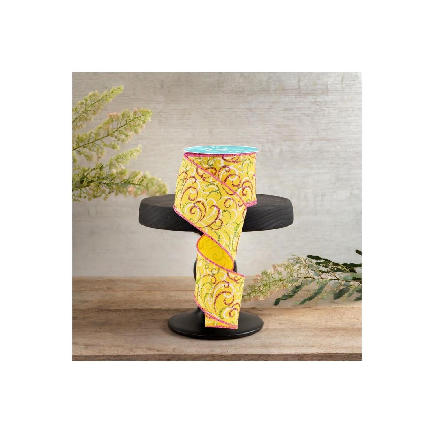 2.5" Multi Swirls Glitter Ribbon: Yellow/Pink/Lime (10 Yard)