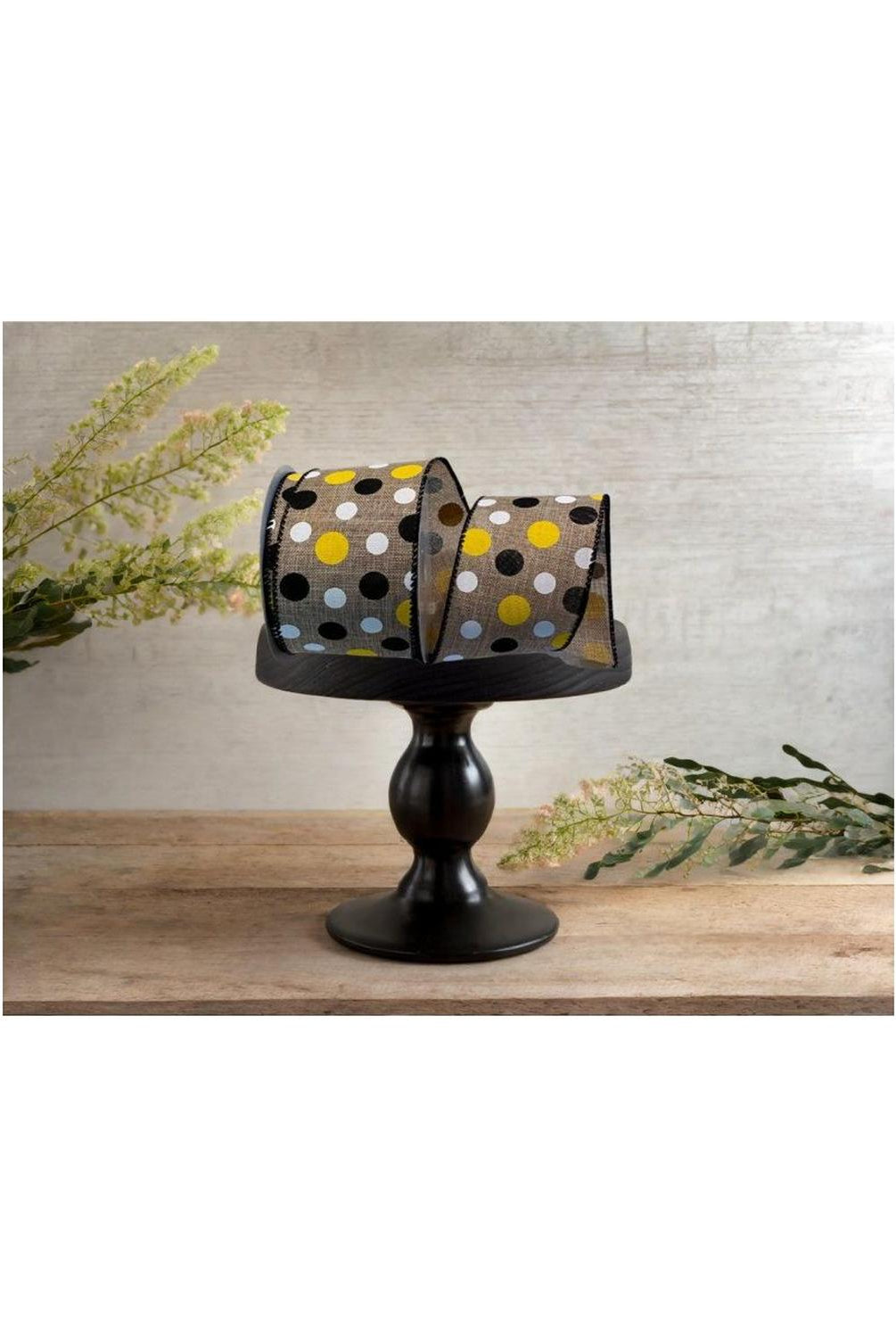 2.5" Natural Canvas Ribbon: Black, Yellow, White Dots (10 Yards)